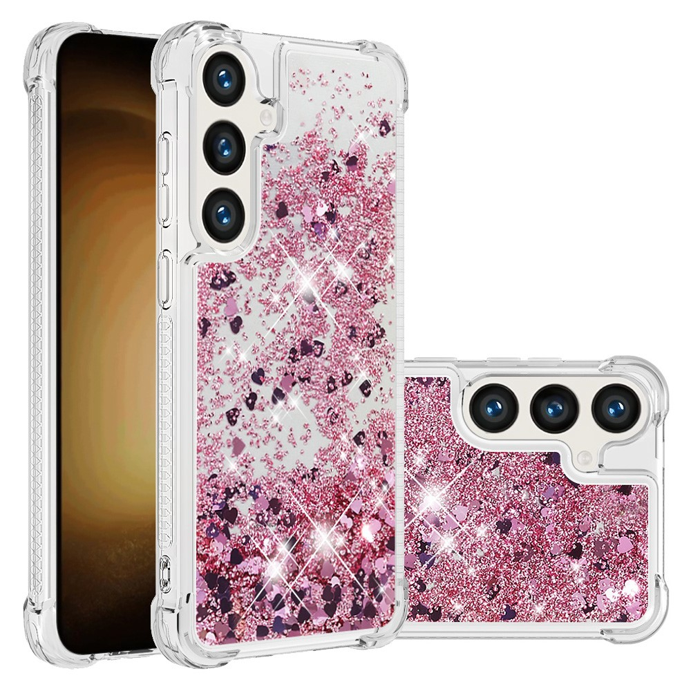 Samsung Galaxy S24  Plus Hardcase Hülle mit Air Cushion Fallschutz Liquid Case Glitzer Herzen - Pink / Transparent