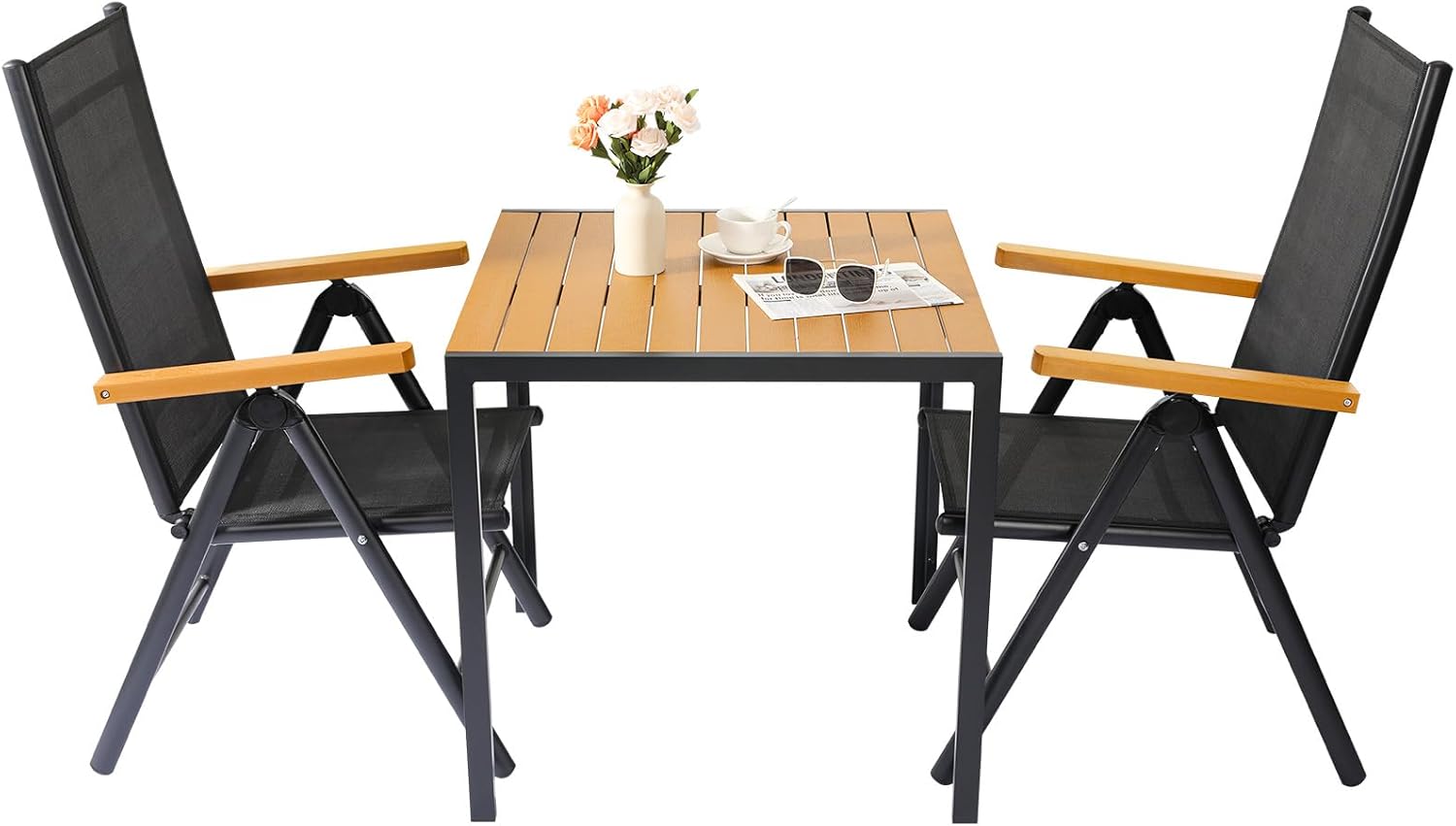 LIFERUN Alu Gartenmöbel Set 3-tlg, Balkonset 2 Stühle 1 Tisch, WPC Gartentisch + 2er Hochlehner Gartenstuhl Klappbar Wetterfest Aluminium Balkonmöbel für Veranden, Innenhöfe, Terrassen, Teakbraune3pcs