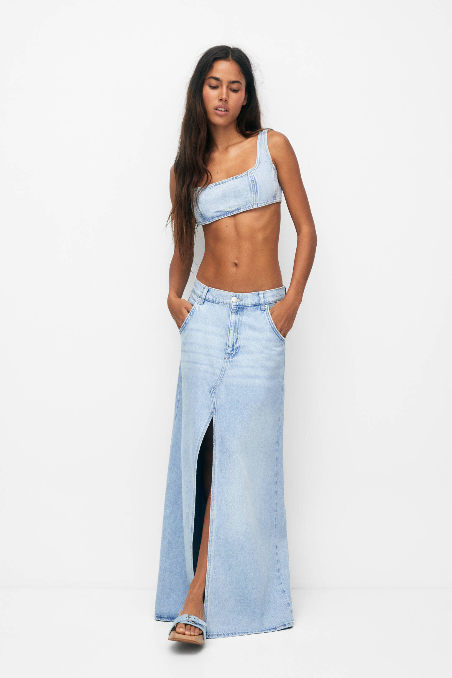 Saia longa maxi jeans - azul claro