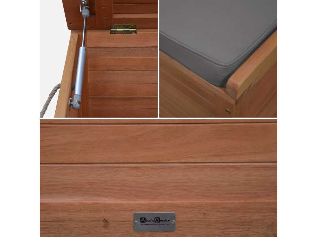 Coffre de jardin en bois 200L - Caja gris- 125x60cm rangement coussins avec 2 vérins et poignées
