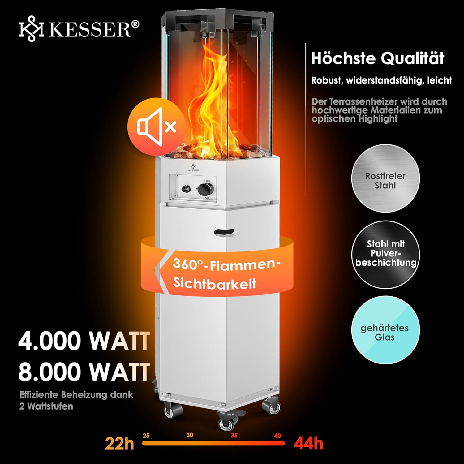 KESSER® Gasheizstrahler 4/8 kW Gas Piezozündung Heizung + Gasdruckregler + Cover, 360° Rollen Kippschutz, Terrassenheizstrahler Gasheizung Gasheizer Outdoor Kamin Mobiler Heizpilz, Heizer, Weiß