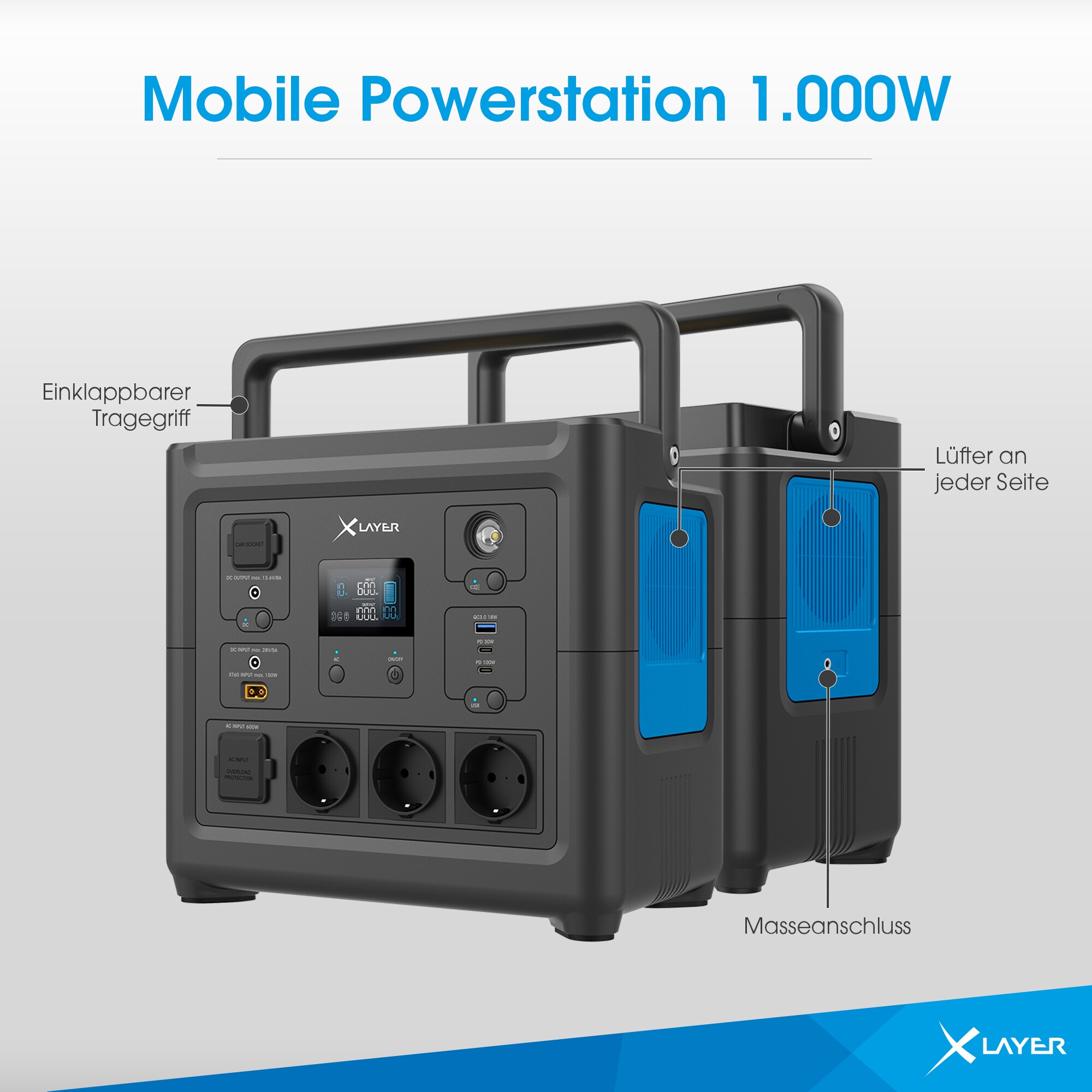 Xlayer Powerstation 1000W/835Wh tragbar Stromgenerator Mobil Stromversorgung