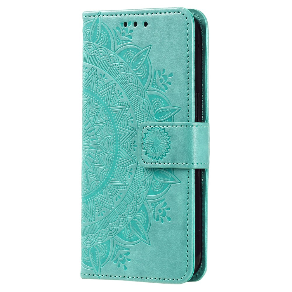 Samsung Galaxy S24 Leder Tasche Wallet - Mandala Flowers Imprint - Türkis