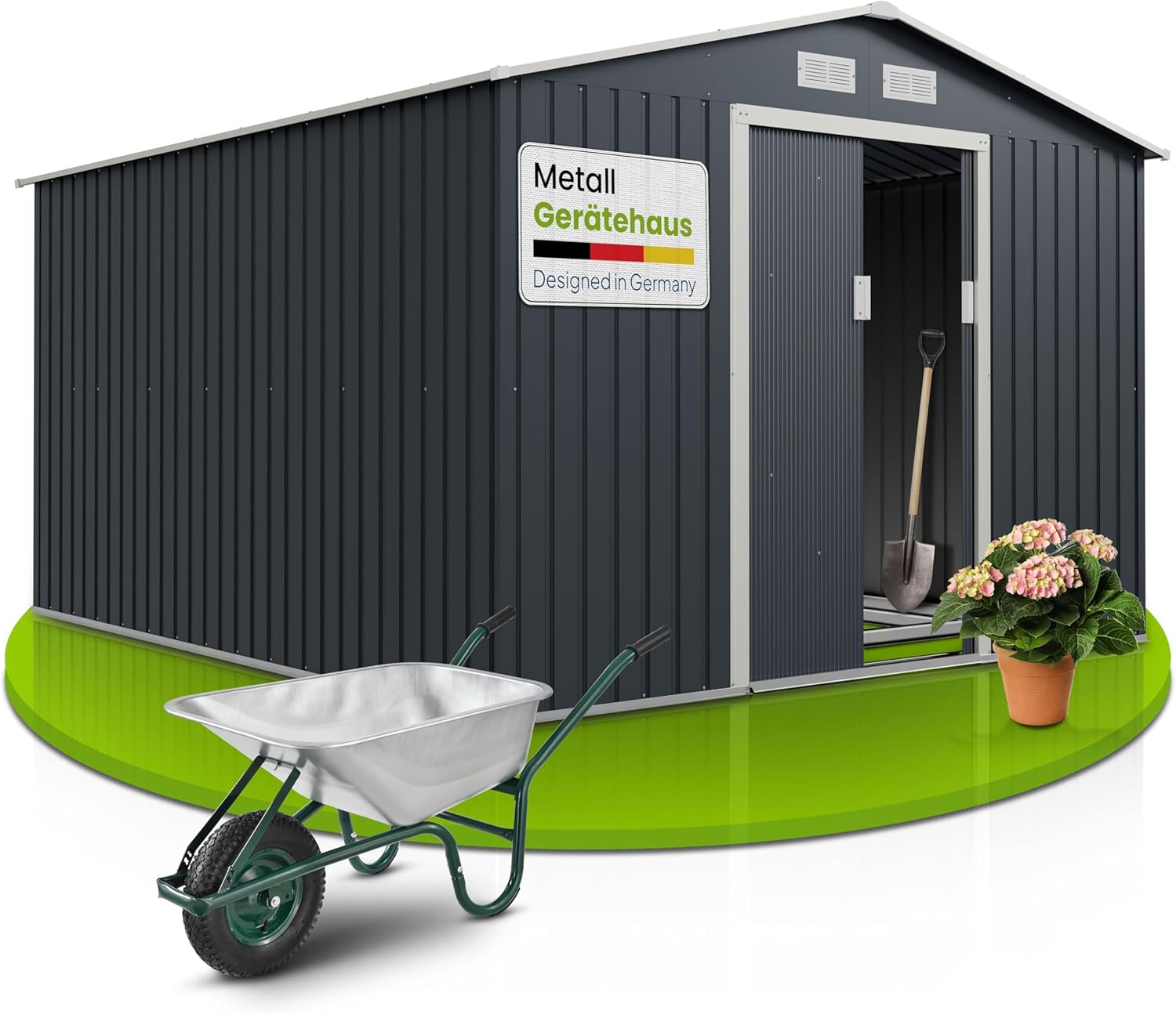 Juskys Metall Gerätehaus XXL 15m³ mit Satteldach, Schiebetür & Fundament - 277 x 319 x 192 cm - anthrazit - Geräteschuppen Gartenhaus Metallgerätehaus