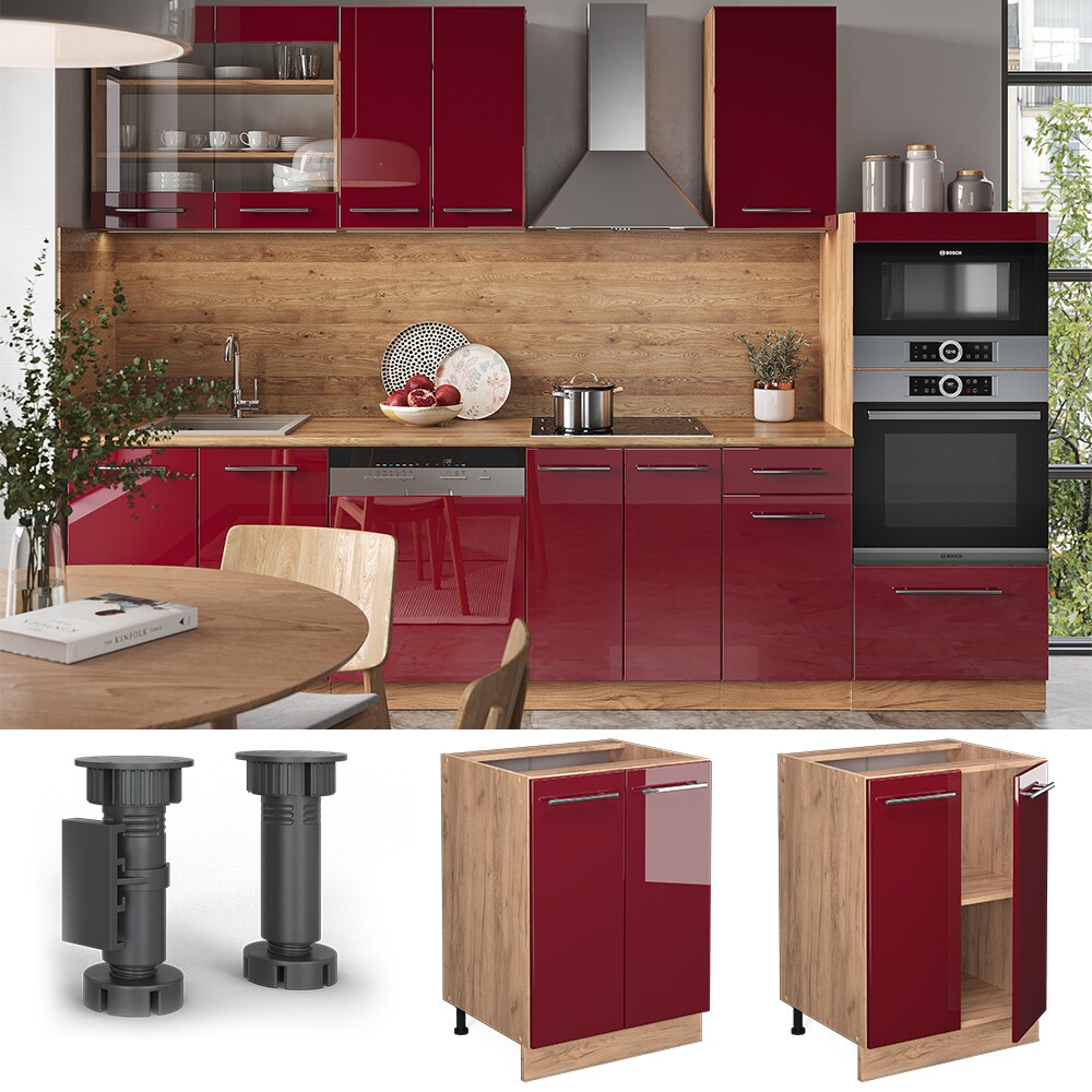 Vicco Unterschrank Küchenschrank Küchenmöbel Fame-Line Eiche Rot Bordeaux modern 60 cm Küche Einbauküche Drehtür Einlegeboden Blende Küchenzeile Hochglanz