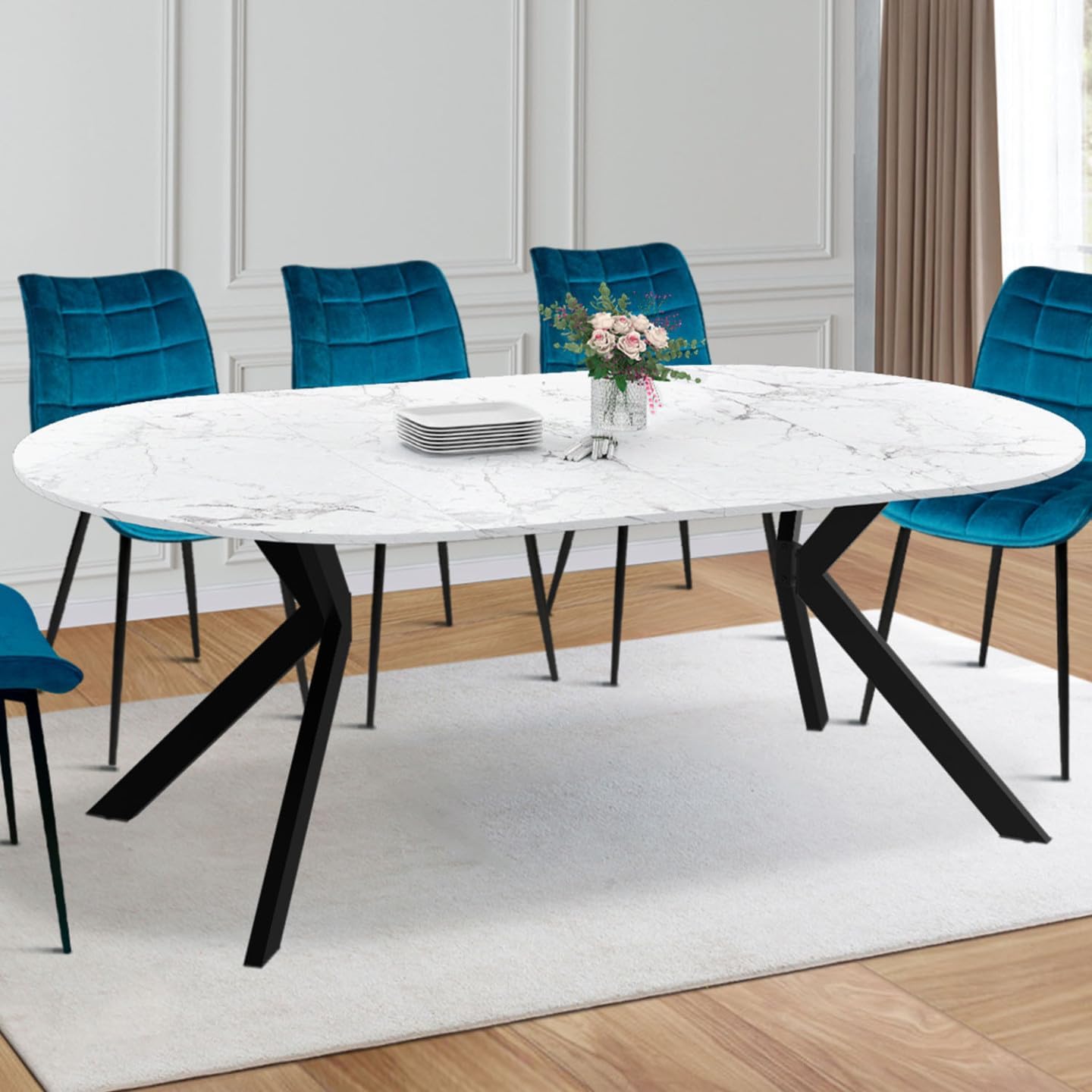 IDMarket - Table à Manger extensible Ronde ALIX 4-10 personnes pied araignée Noir et Bois Effet marbre Blanc Alaska 110-200 cm
