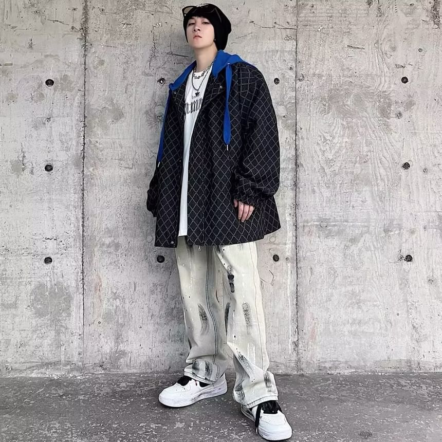 Zoslane - Tweedelig denim jack met capuchon en rits en ruitmotief