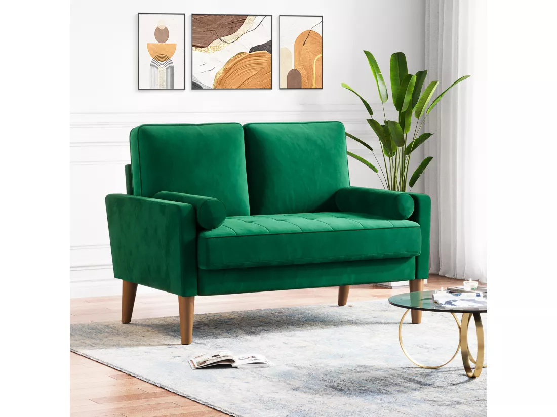 Canapé à 2 Places Scandinave,Mini Canapé à Bras Roulés en Velours Loveseat,Fauteuil Salon avec Accoudoirs,121x77x87cm - Vert