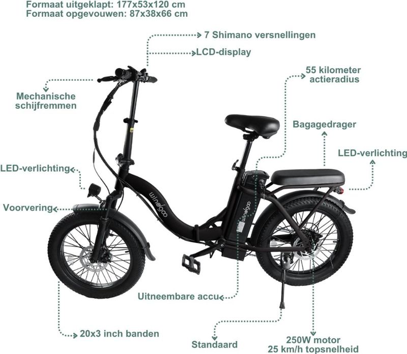 Windgoo E20 Urban- Elektrische Fiets -  E-bike - 20Inch - 12.5Ah - APP - Fat Tire - 7 Speed Shimano