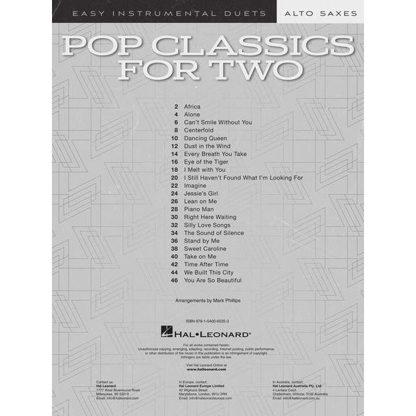 Hal Leonard Pop Classics For Two Alto Sax