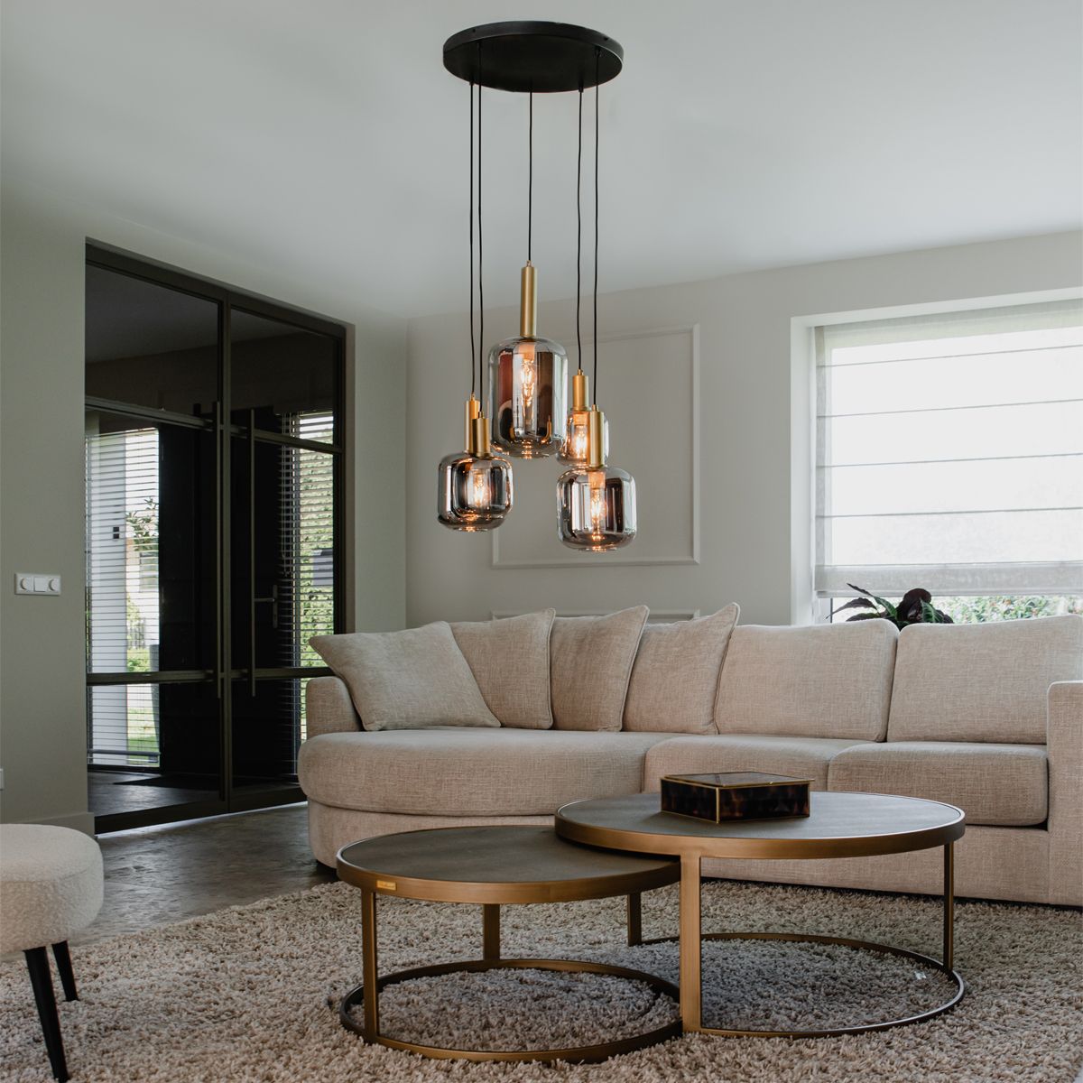 Hanglamp zwart met goud met smoke glas 5-lichts - Zuzanna