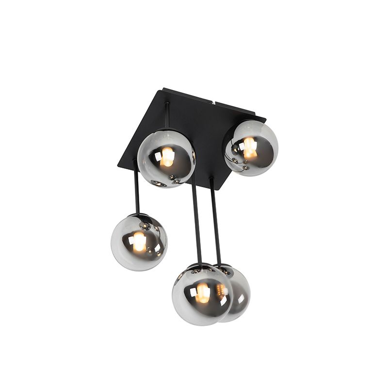 Moderne plafondlamp zwart 5-lichts met smoke glas - Athens