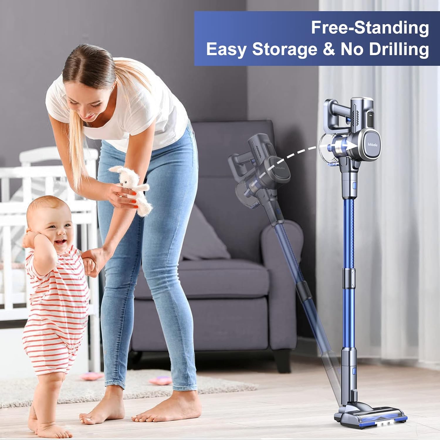 Lubluelu 25000 Pa Akku Staubsauger| Staubsauger Kabellos Saugleistung |25.9V Akkusauger Freistehend|50Min.Laufzeit|120.000U/Min| Kabelloser Sauger für Tierhaare, Teppich & Harter(Harten) Boden (Blau)