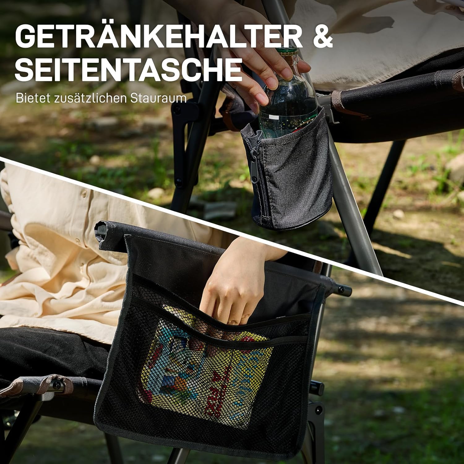 EVER ADVANCED Campingstuhl Faltbar Rückenverstellbar in 4 Positionen 160KG Belastbar, Klappstuhl Recliner Campingstuhl Klappbar mit Seitentasche & Getränkehalter, Angelstuhl für Camping Garten Balkon