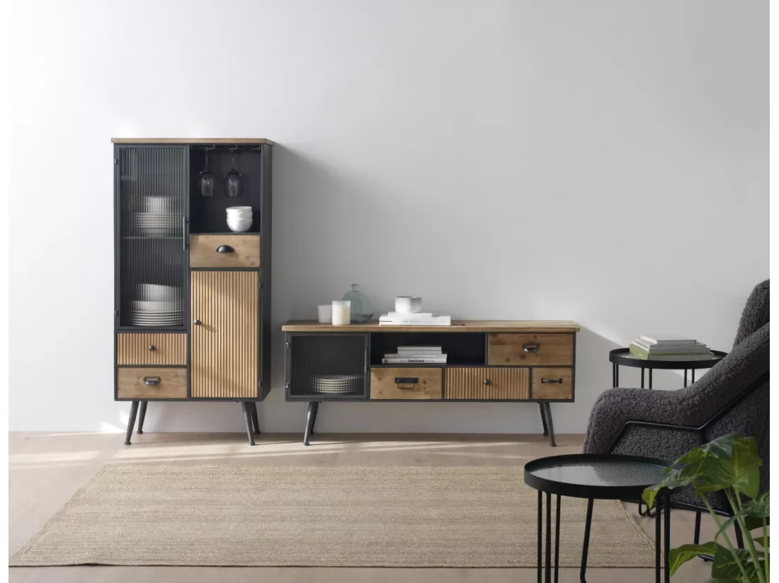 Meuble bar métallique avec plateau en bois