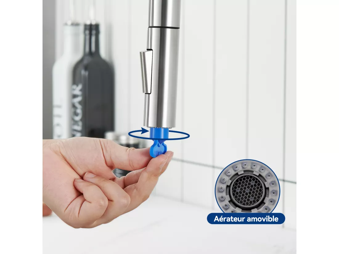 Mitigeur de Cuisine avec Douchette Extractible Cecipa max - Robinet en Inox Rotatif à 360 ° - Robinet avec Barboteur Démontable - Brossé,EU Modèle