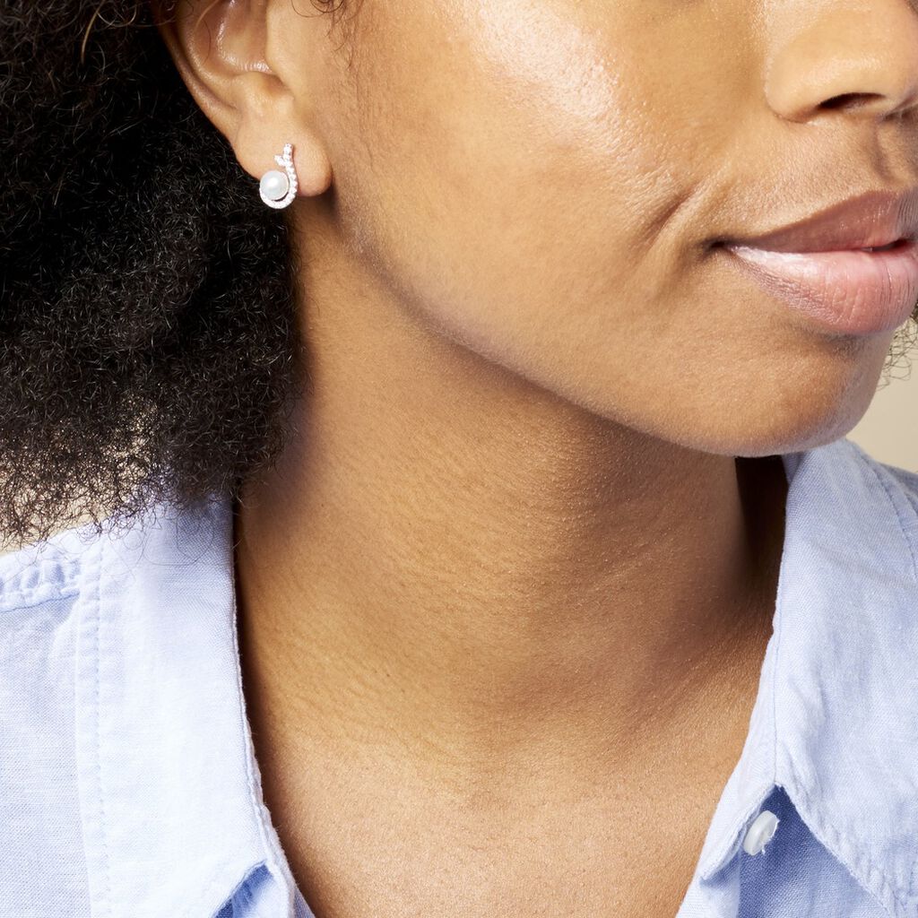 Boucles D'oreilles Puces Cyrana Argent Blanc Perle De Culture Et Oxyde