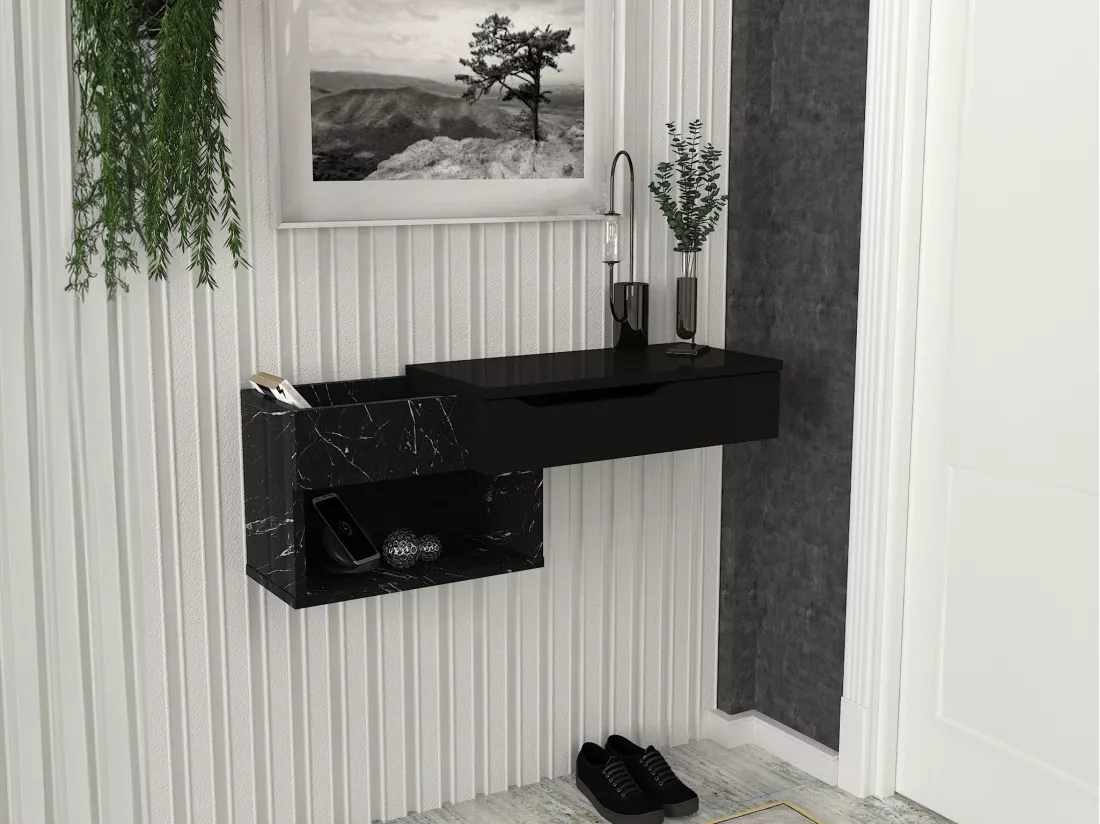 Console suspendue avec 1 tiroir et 2 niches - Effet marbre noir - DAREKA