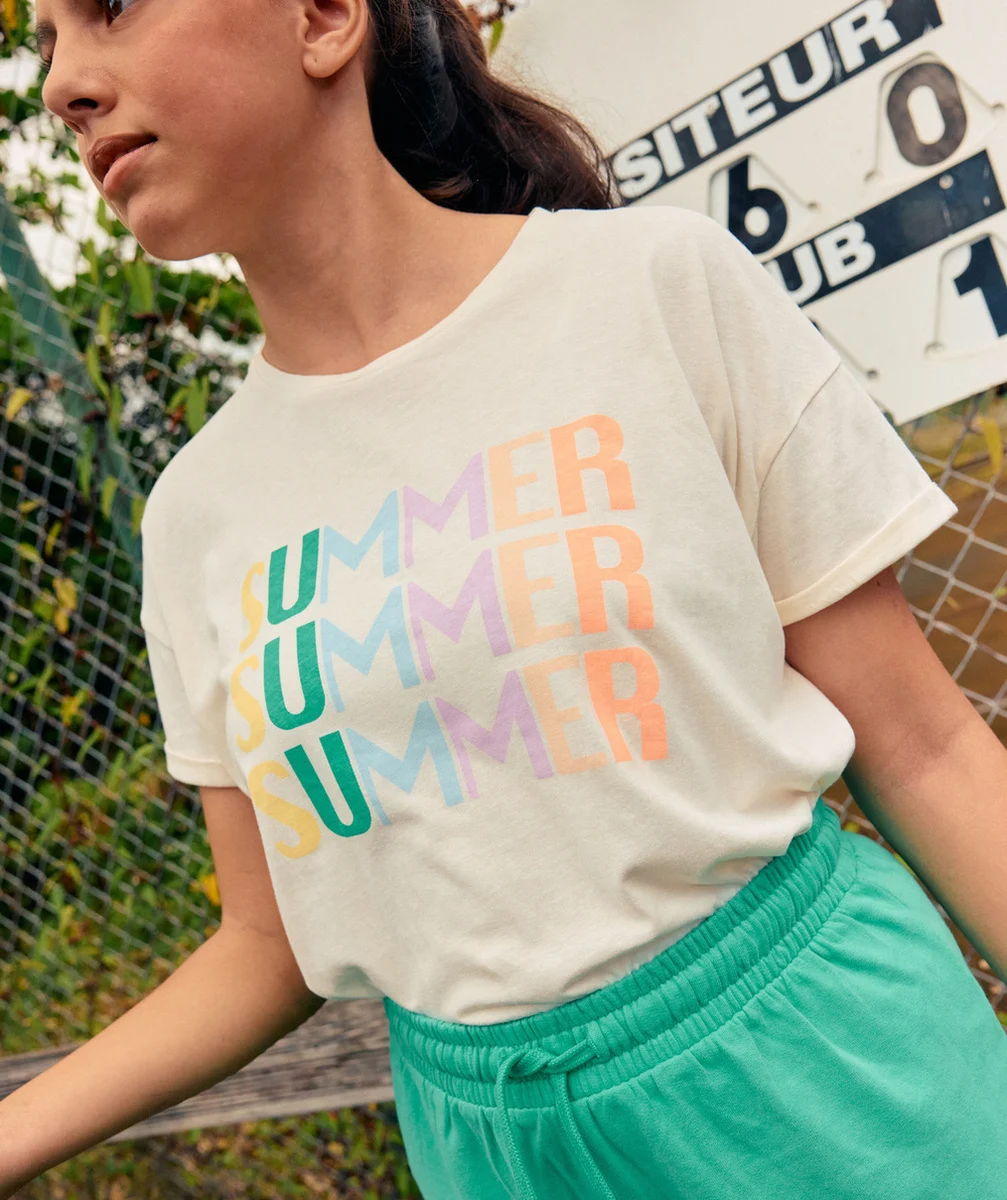 t-shirt fille en coton bio écru avec messages summer colorés