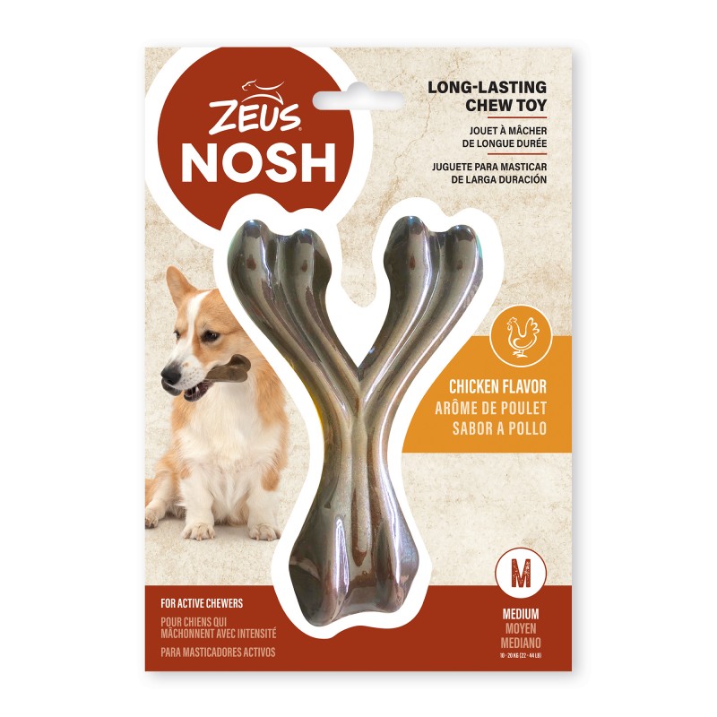 Brinquedo para mastigar Zeus Nosh Strong em formato de osso da sorte para cães, sabor frango, 11 cm
