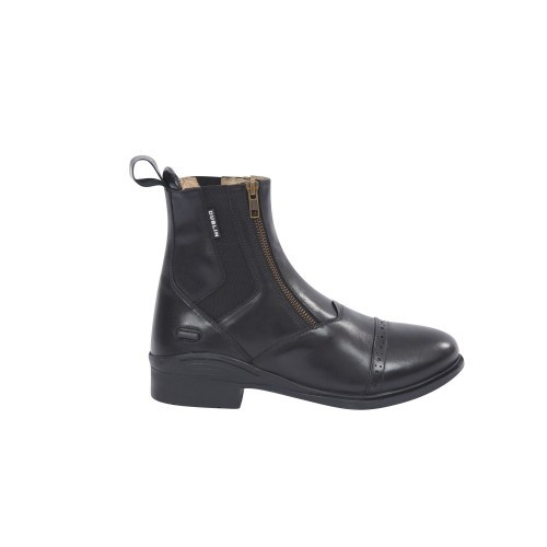 Botas de couro pretas com zíper duplo para adultos.
