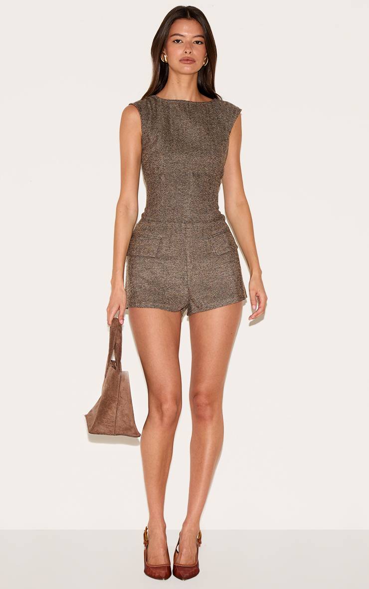 Marron Combinaison-short Sans Manches En Tweed Avec Détail Poches
