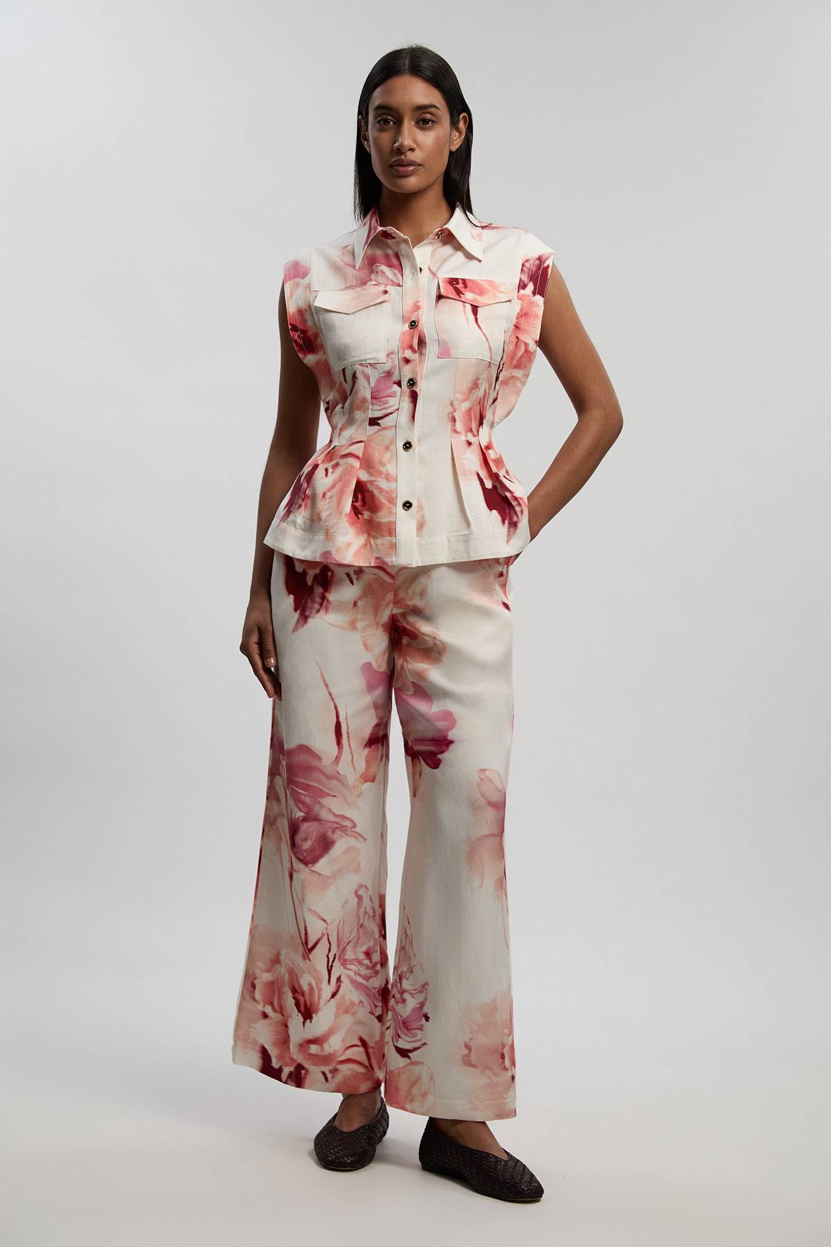 KarenMillen Pantalon Droit Tissé Floral En Lin Viscose Premium