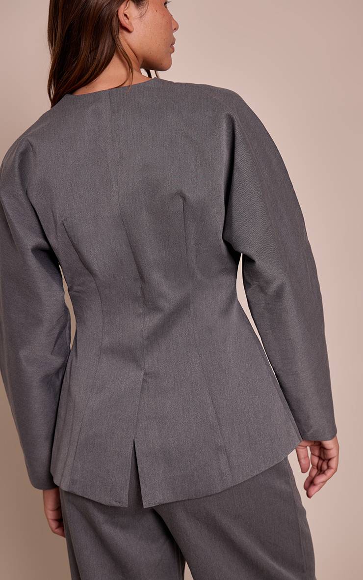 Charcoal Grey Blazer Ajusté Sans Col En Tissu Tissé Premium Avec Ensemble Coordonné