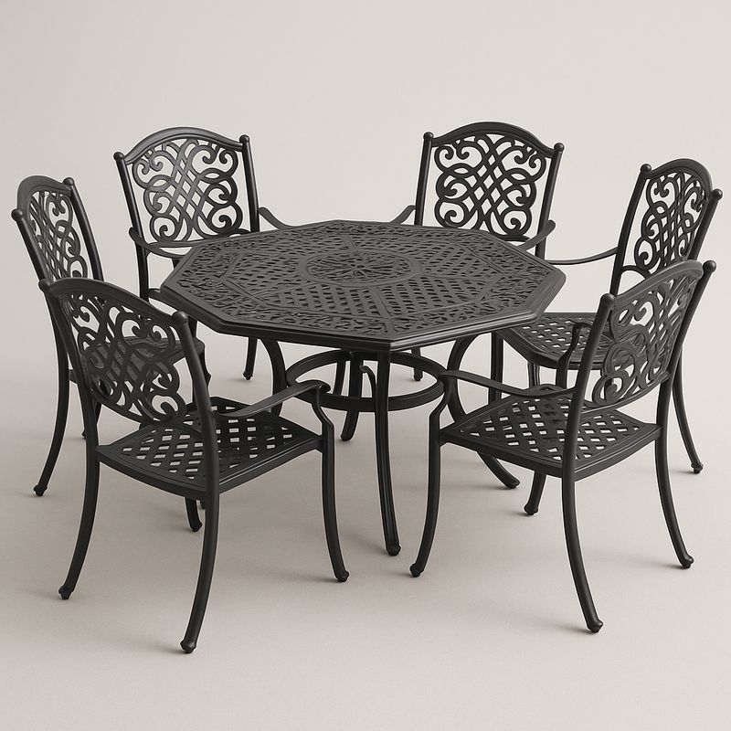 Schwarzes Aluminium Gartentisch-Set Sechseckig mit 6 Stühlen