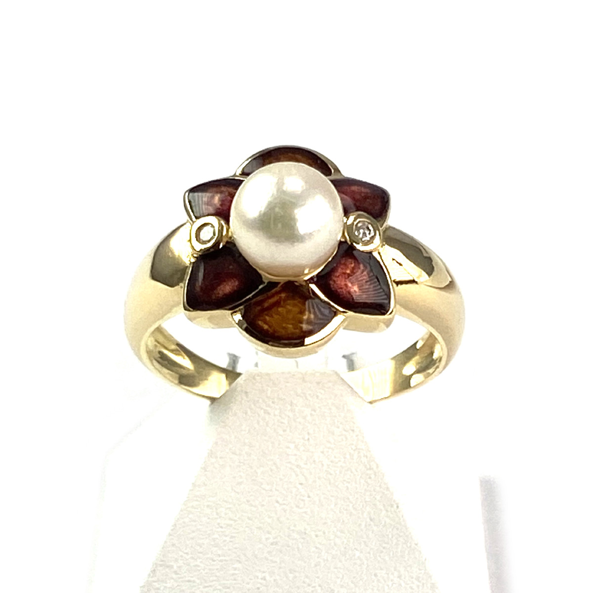 Bague d'occasion or 750 jaune diamants perle de culture et laque