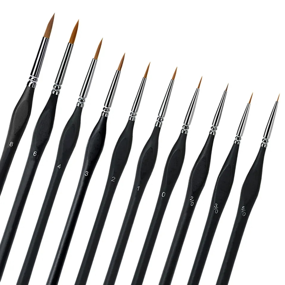 (10-tlg. Set) Künstler Detail Pinsel Öl / Acryl Script Liner Feinpinsel - Schwarz / Silber