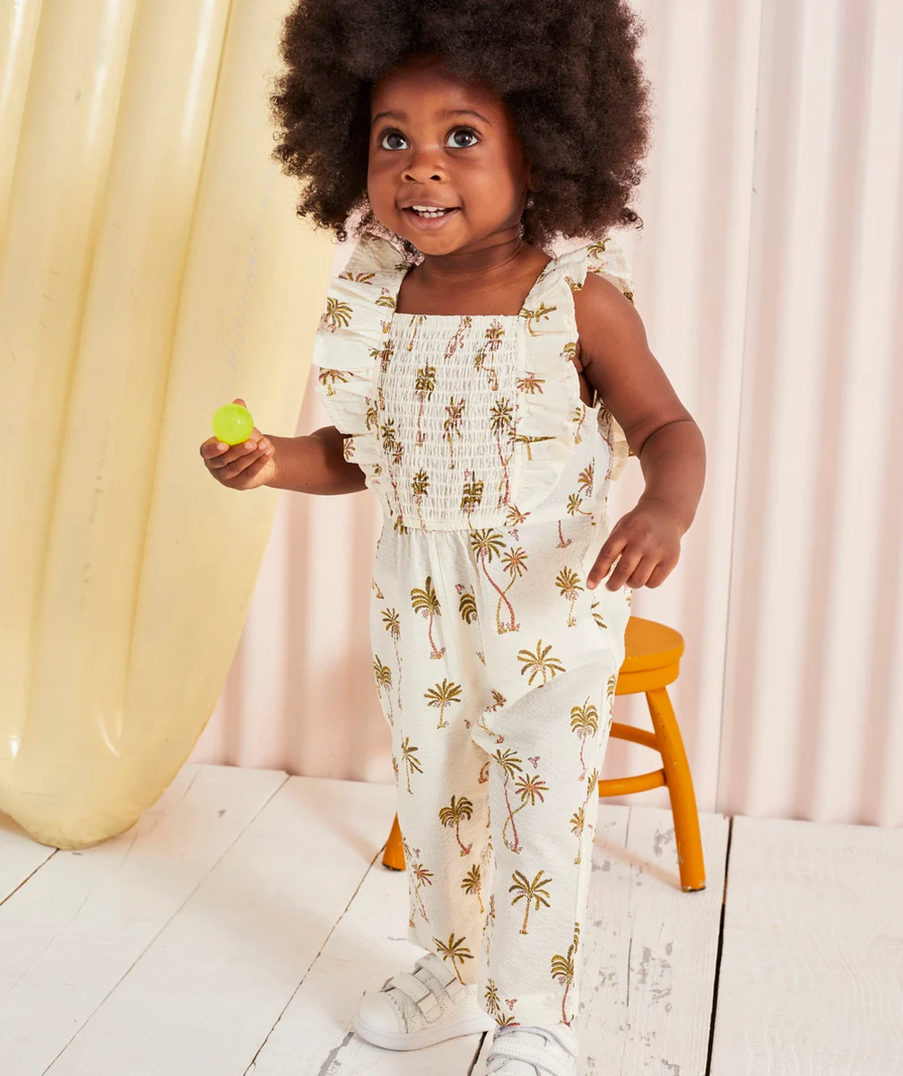 COMBINAISON BÉBÉ FILLE BLANCHE EN COTON AVEC PALMIERS FLOQUÉS