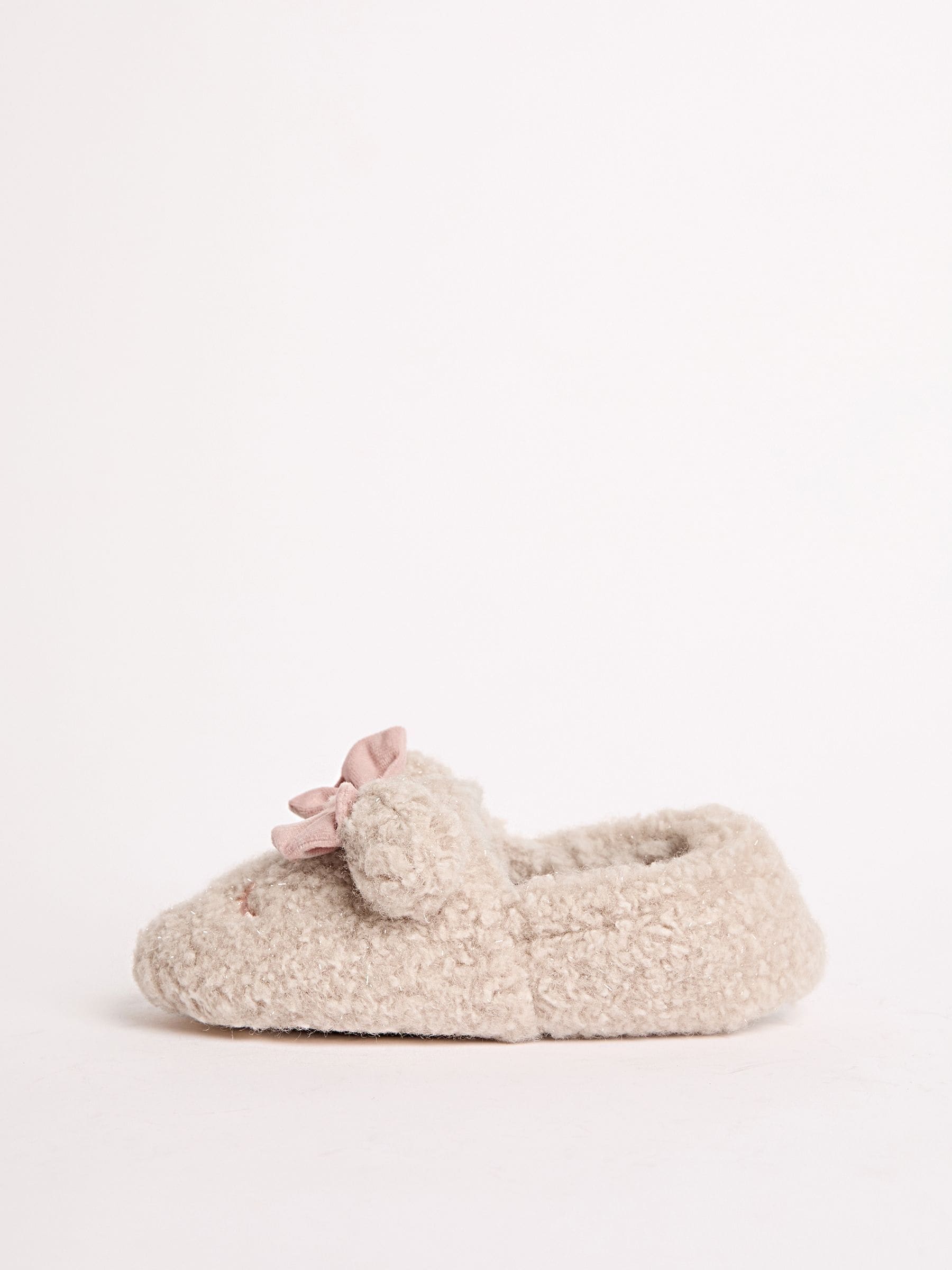 Lipsy Faux Fur Teddy Bear Fluffy Bow Closed Toe Mule Slippers