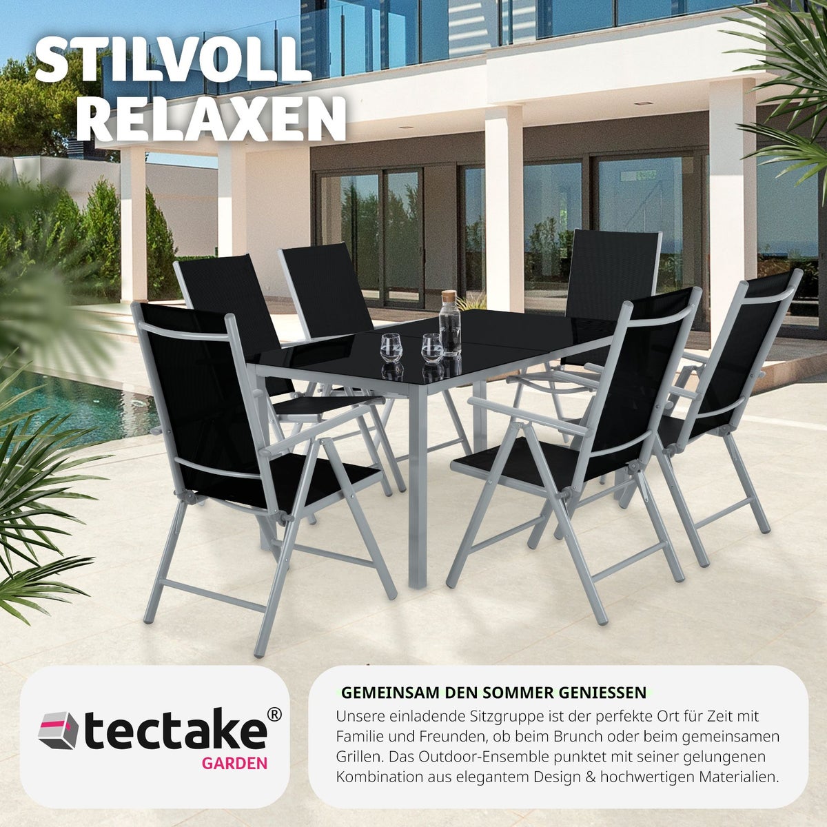 tectake Ercolano zitgroep met aluminium frame, voor 6 personen, tafel met veiligheidsglasplaat en stelschroeven