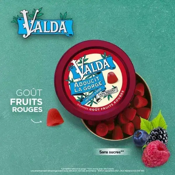 Gomas de mascar Valda sem açúcar com sabor a frutos vermelhos para aliviar a garganta, 140g