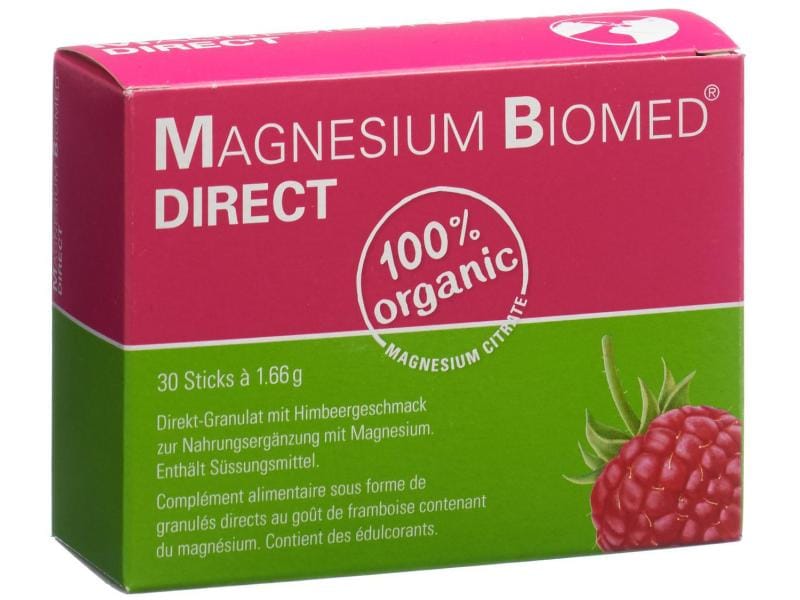 Biomed Magnesium Direct 30 Sticks Veganes Nahrungsergänzungsmittel mit Himbeergeschmack