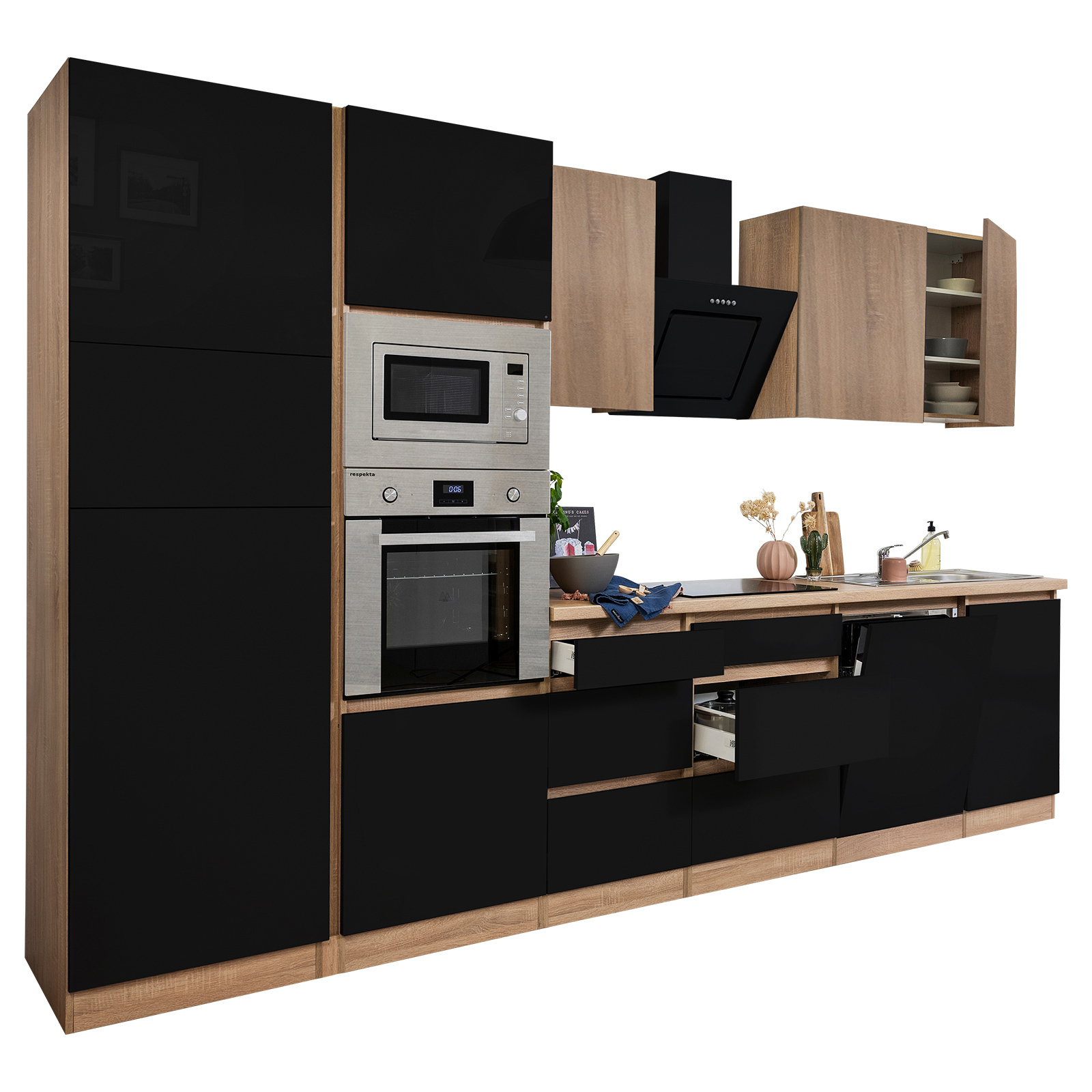 RESPEKTA Küchenblock - schwarz Hochglanz-Eiche Sägerau - mit E-Geräten - 345 cm