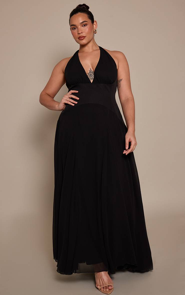Noir Robe Maxi En Mousseline À Col Licou Grande Taille