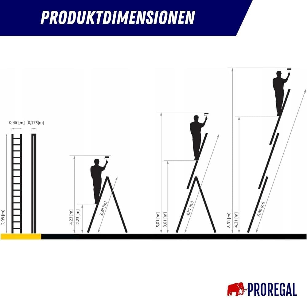 PROREGAL Economy Plus 3-delige multifunctionele ladder met dwarsbalk, 3 x 11 sporten, werkhoogte 6,31 m, draagvermogen 150 kg
