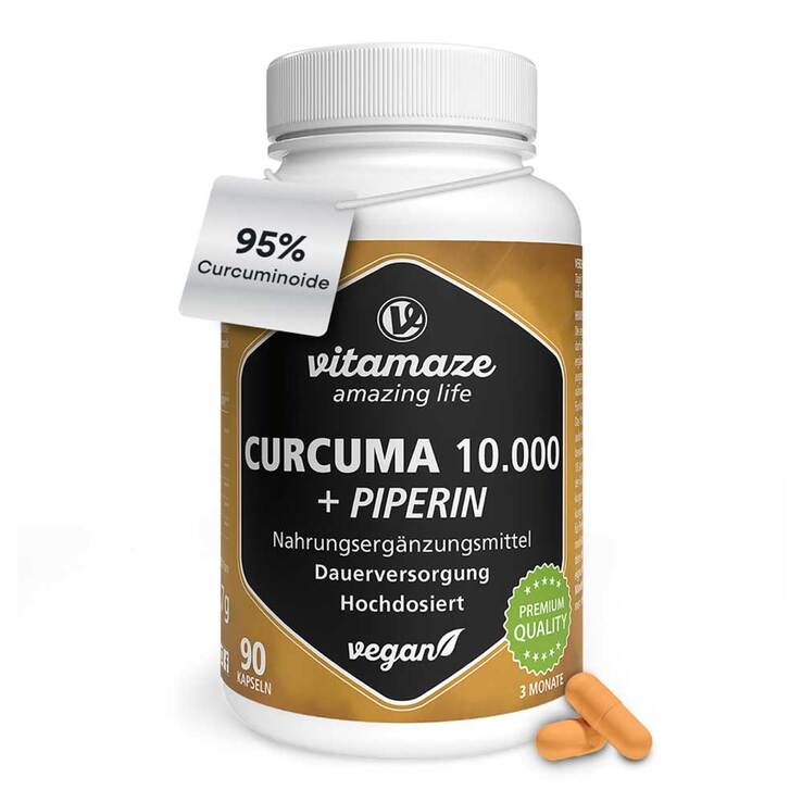 Curcuma 10.000 + Piperin hochdosiert vegan Kapseln, 90 St