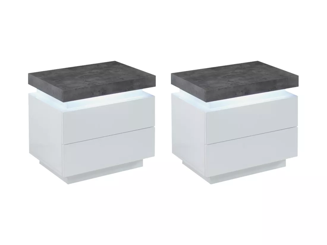 Lot de 2 tables de chevet - 2 tiroirs - MDF Laqué - Avec LEDs - Coloris : Blanc et béton - HALO II