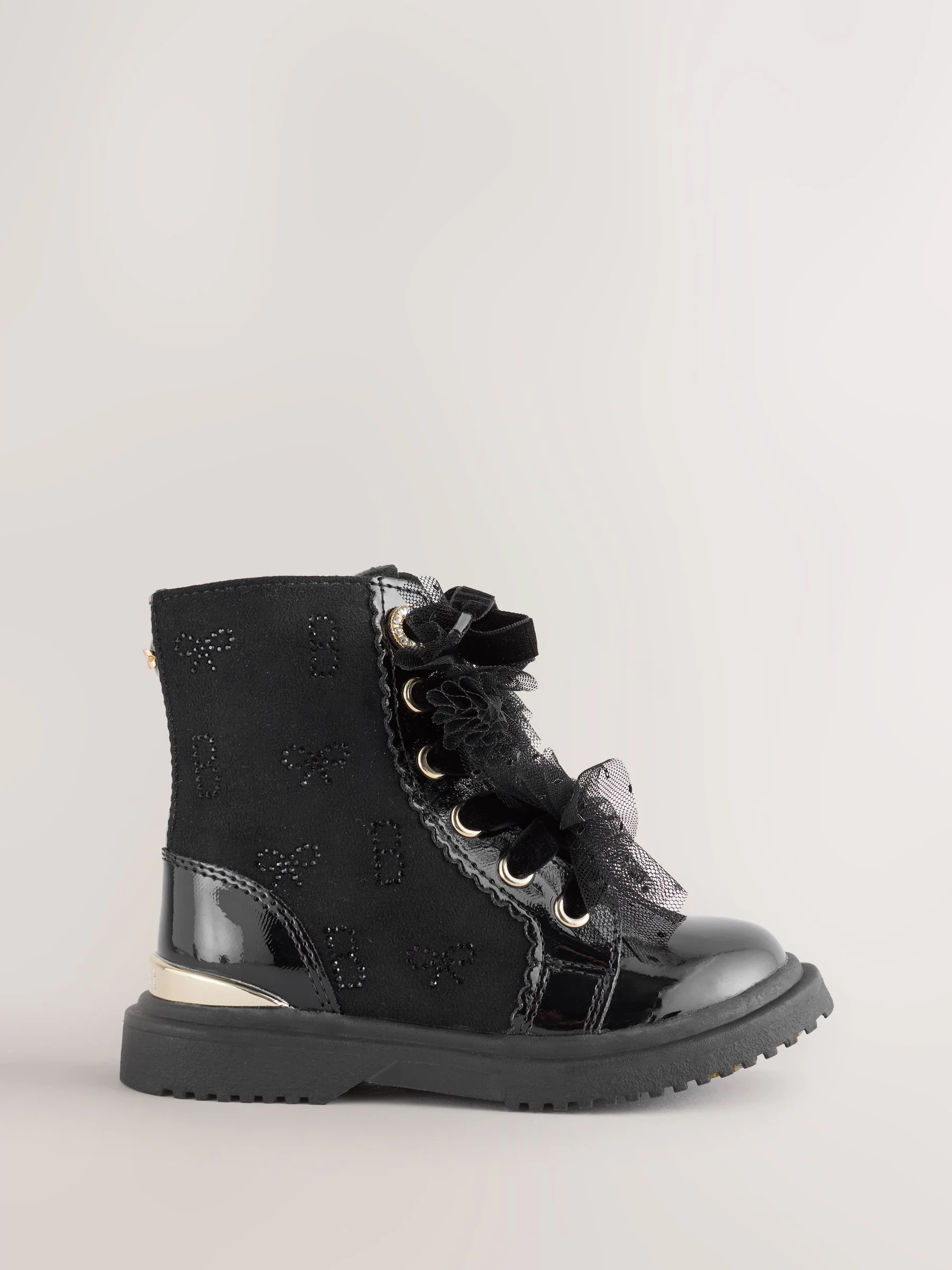 Baker by Ted Baker Girls Black Diamanté Lace-Up Boots with Bow