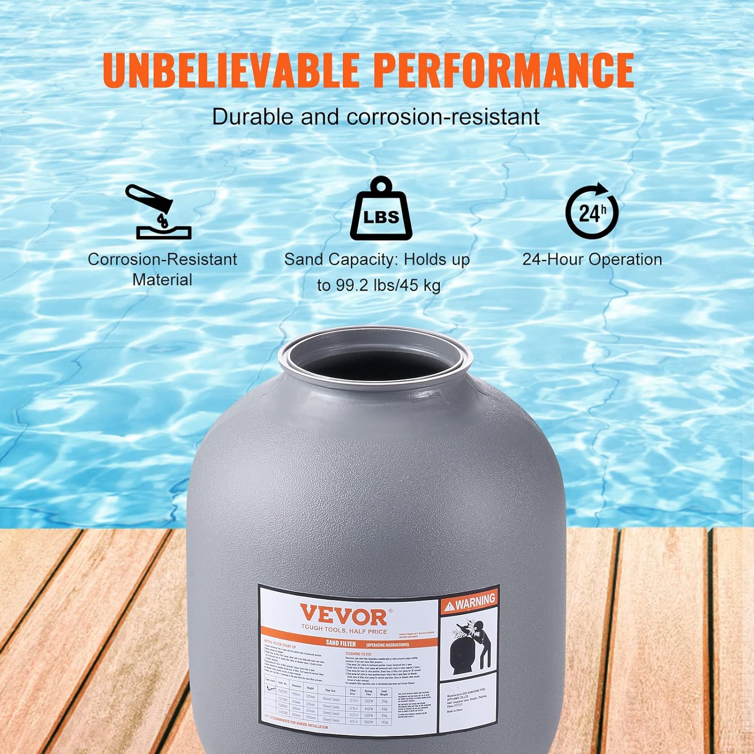 VEVOR Filtre à sable 482,6 mm système de filtre à sable pour piscine hors sol avec valve multi-ports 7 voies débit 45 GPM fonction filtre, lavage contre-courant, rinçage, recirculation, déchets, hiver