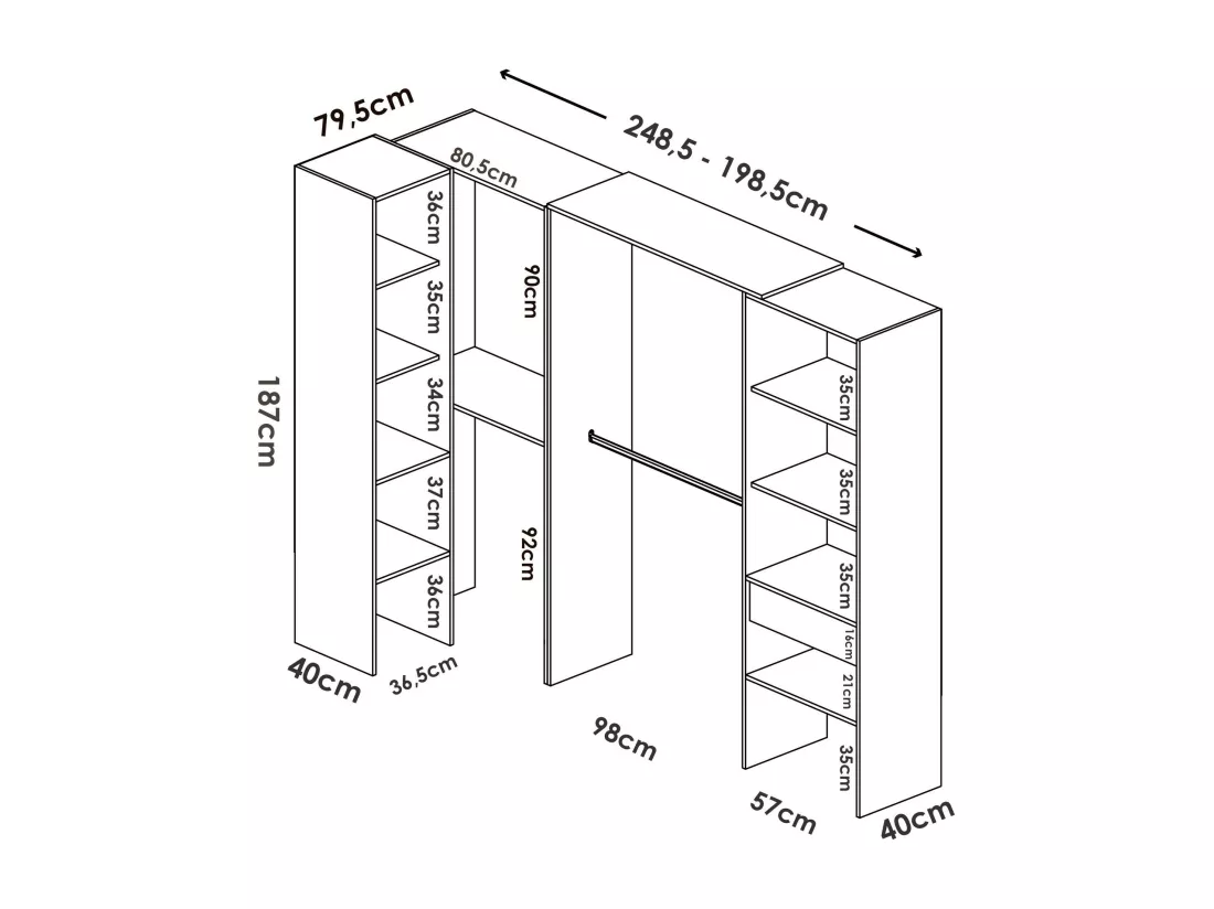 Armoire Dacasuz, Structure pour dressing d'angle, Cintre d'angle ouvert, 248x79h187 cm, Chêne