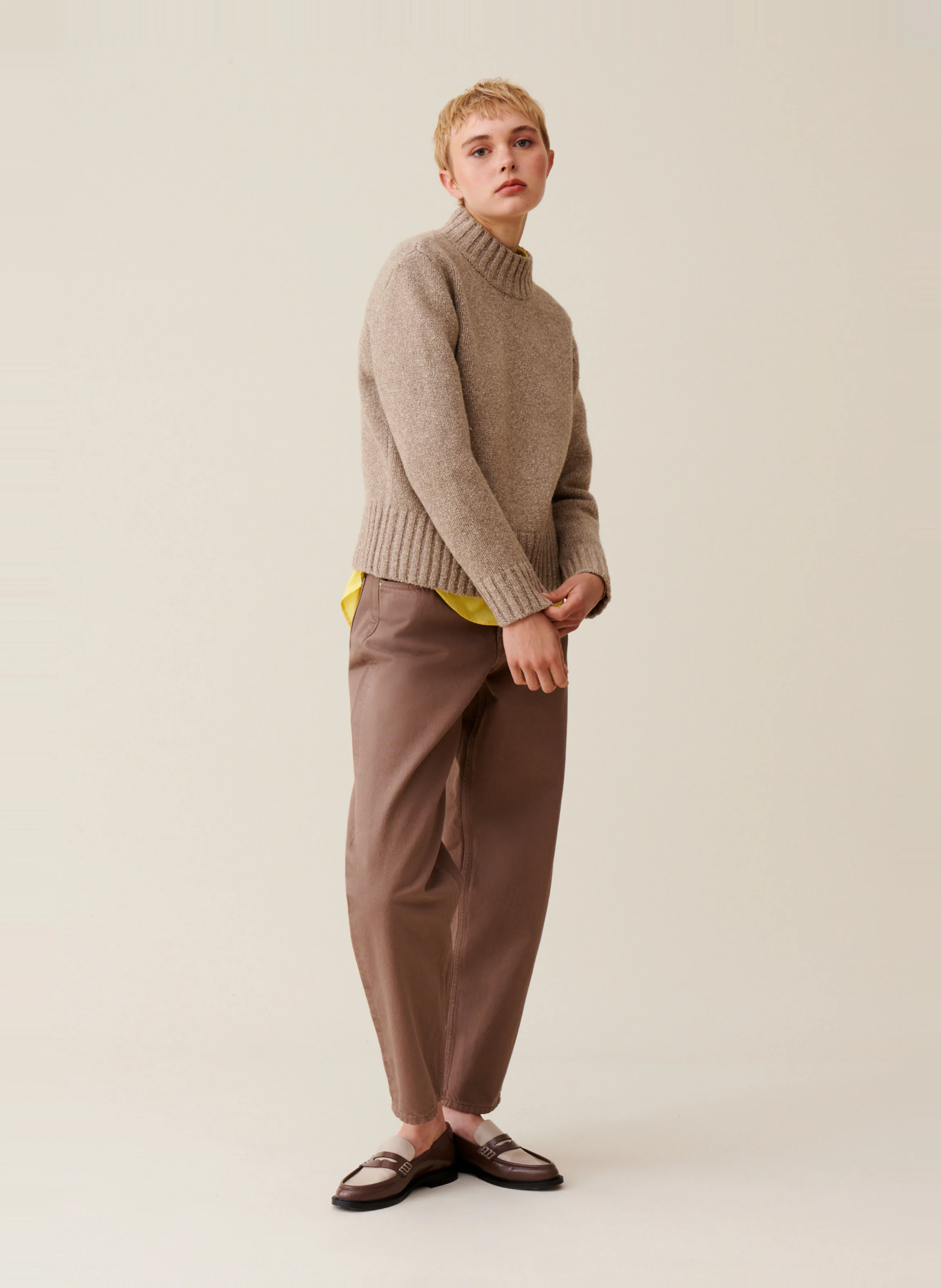 Pull col montant en laine et en soie mélangés | Beige