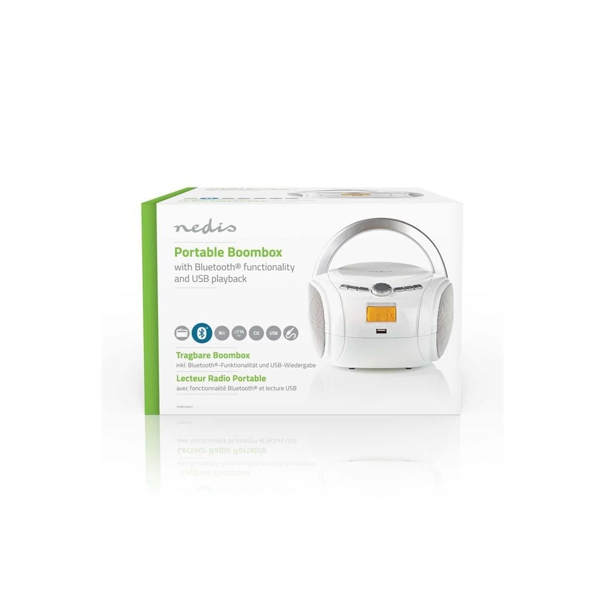Nedis CD-spiller Boombox | Batteri drevet / Nettstrøm drevet | Stereo | 9 W | Bluetooth® | FM | USB-avspilling | Bære håndtak | Hvit
