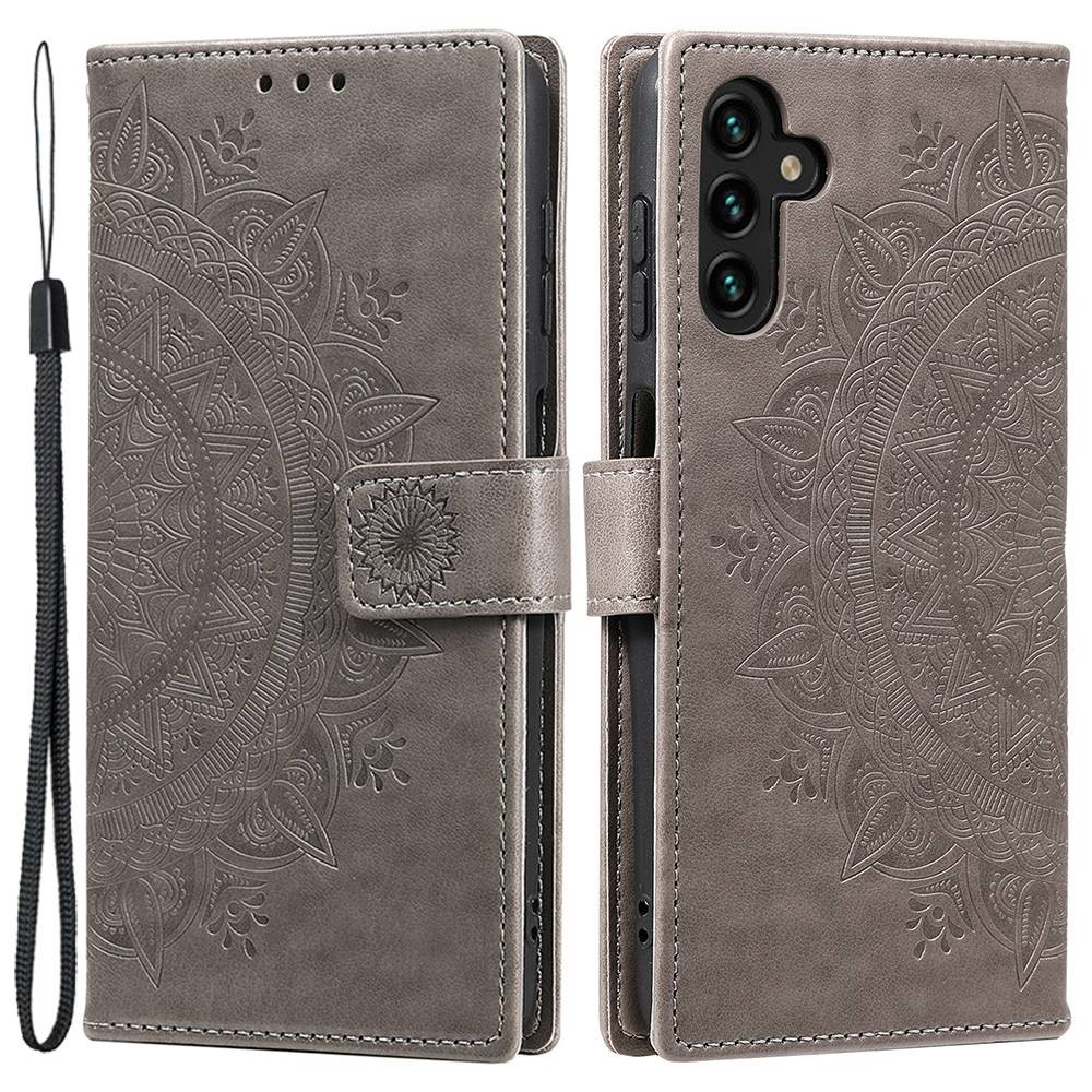 Samsung Galaxy A54 5G Leder Tasche Wallet - Mandala Flowers Imprint - Grau