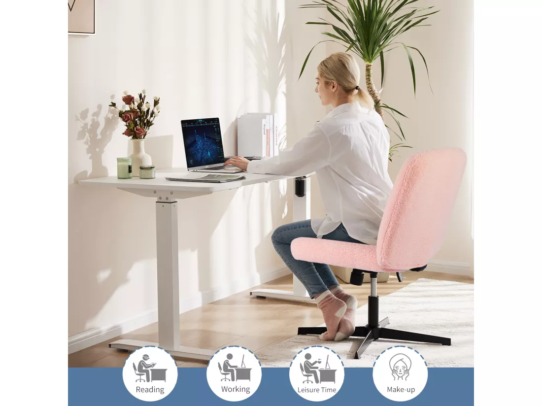 Chaise de bureau,Chaise à pieds croisés,Chaise de bureau pivotante sans roulettes,Velours,Rose