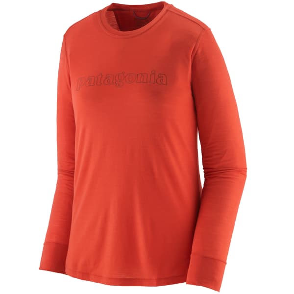 T-shirt randonnée PATAGONIA W'S L/S CAP COOL MERINO BLEND GRAPHIC SHIRT OUTLINE TEXT LOGO: MADDER RED