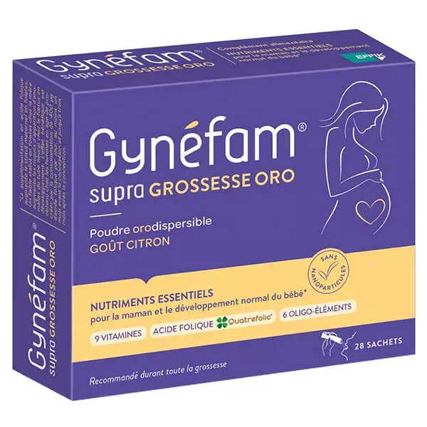 Gynefam Supra Pregnancy Oro, caixa com 28 sachês de pó orodispersível para 1 mês de gravidez.